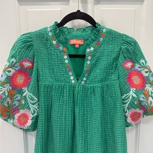 THML Green Textured Top with Colorful Embroidery